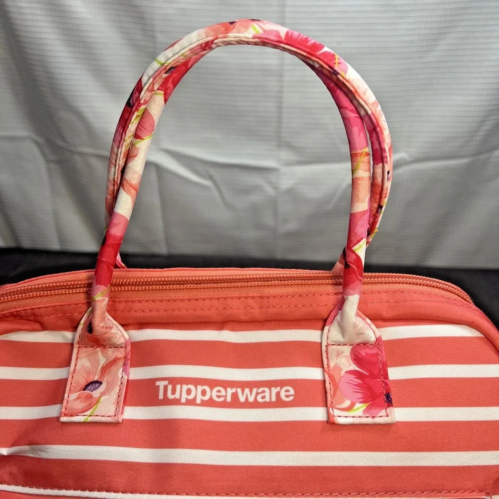 Tupperware Peach/Pink Floral Lunch Insulated‎ Tote Bag with Soup Sandwich & Cup